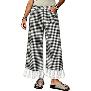 image:imageTanming Womens Gingham Wide Leg Palazzo Pants Casual LaceHem Lounge Pants PJ Bottoms with Pockets for VacationBlack