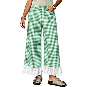 image:imageTanming Womens Gingham Wide Leg Palazzo Pants Casual LaceHem Lounge Pants PJ Bottoms with Pockets for VacationGreen
