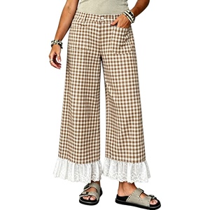 image:imageTanming Womens Gingham Wide Leg Palazzo Pants Casual LaceHem Lounge Pants PJ Bottoms with Pockets for VacationKhaki