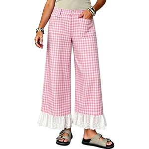 image:imageTanming Womens Gingham Wide Leg Palazzo Pants Casual LaceHem Lounge Pants PJ Bottoms with Pockets for VacationPink