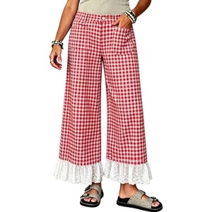 image:imageTanming Womens Gingham Wide Leg Palazzo Pants Casual LaceHem Lounge Pants PJ Bottoms with Pockets for VacationRed