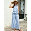 image:imageTanming Womens 2 Piece Set Outfits Gingham Plaid Sleeveless Ruffle Top Wide Leg Pants Summer Casual Beach Vacation SetsBlue