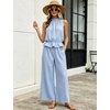 image:imageTanming Womens 2 Piece Set Outfits Gingham Plaid Sleeveless Ruffle Top Wide Leg Pants Summer Casual Beach Vacation SetsBlue