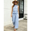 image:imageTanming Womens 2 Piece Set Outfits Gingham Plaid Sleeveless Ruffle Top Wide Leg Pants Summer Casual Beach Vacation SetsBlue
