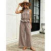 image:imageTanming Womens 2 Piece Set Outfits Gingham Plaid Sleeveless Ruffle Top Wide Leg Pants Summer Casual Beach Vacation SetsCoffee