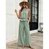 image:imageTanming Womens 2 Piece Set Outfits Gingham Plaid Sleeveless Ruffle Top Wide Leg Pants Summer Casual Beach Vacation SetsDarkgreen
