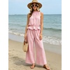 image:imageTanming Womens 2 Piece Set Outfits Gingham Plaid Sleeveless Ruffle Top Wide Leg Pants Summer Casual Beach Vacation SetsPink