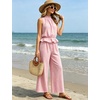 image:imageTanming Womens 2 Piece Set Outfits Gingham Plaid Sleeveless Ruffle Top Wide Leg Pants Summer Casual Beach Vacation SetsPink