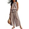 image:imageTanming Womens 2 Piece Set Outfits Gingham Plaid Sleeveless Ruffle Top Wide Leg Pants Summer Casual Beach Vacation SetsCoffee