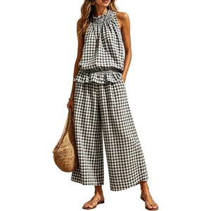 image:imageTanming Womens 2 Piece Set Outfits Gingham Plaid Sleeveless Ruffle Top Wide Leg Pants Summer Casual Beach Vacation SetsBlack