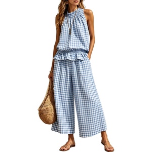 image:imageTanming Womens 2 Piece Set Outfits Gingham Plaid Sleeveless Ruffle Top Wide Leg Pants Summer Casual Beach Vacation SetsBlue