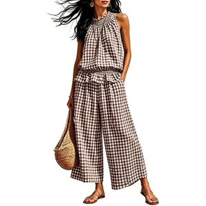 image:imageTanming Womens 2 Piece Set Outfits Gingham Plaid Sleeveless Ruffle Top Wide Leg Pants Summer Casual Beach Vacation SetsCoffee
