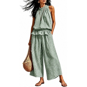 image:imageTanming Womens 2 Piece Set Outfits Gingham Plaid Sleeveless Ruffle Top Wide Leg Pants Summer Casual Beach Vacation SetsDarkgreen