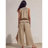 image:imageTanming Womens Linen 2 Piece Outfits Sleeveless Ruffle Top Wide Leg Pants Summer Loungewear Beach Travel SetsKhaki
