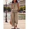 image:imageTanming Womens Linen 2 Piece Outfits Sleeveless Ruffle Top Wide Leg Pants Summer Loungewear Beach Travel SetsKhaki