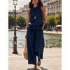 image:imageTanming Womens Linen 2 Piece Outfits Sleeveless Ruffle Top Wide Leg Pants Summer Loungewear Beach Travel SetsNavy