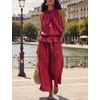 image:imageTanming Womens Linen 2 Piece Outfits Sleeveless Ruffle Top Wide Leg Pants Summer Loungewear Beach Travel SetsRed