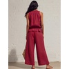 image:imageTanming Womens Linen 2 Piece Outfits Sleeveless Ruffle Top Wide Leg Pants Summer Loungewear Beach Travel SetsRed