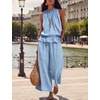 image:imageTanming Womens Linen 2 Piece Outfits Sleeveless Ruffle Top Wide Leg Pants Summer Loungewear Beach Travel SetsSky Blue
