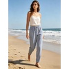 image:imageTanming Womens Striped Pants Summer Casual High Waisted Drawstring Beach Pant Tapered Trousers with PocketsBlue