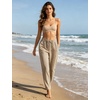 image:imageTanming Womens Striped Pants Summer Casual High Waisted Drawstring Beach Pant Tapered Trousers with PocketsBrown
