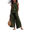 image:imageTanming Womens Linen 2 Piece Outfits Sleeveless Ruffle Top Wide Leg Pants Summer Loungewear Beach Travel SetsArmy Green