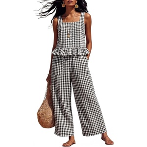 image:imageTanming 2 Piece Sets For Women Plaid Gingham Summer Tank Top Wide Leg Pants Matching Outfit Beach Vacation Lounge SetBlack