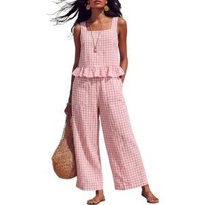 image:imageTanming 2 Piece Sets For Women Plaid Gingham Summer Tank Top Wide Leg Pants Matching Outfit Beach Vacation Lounge SetPink