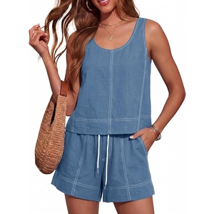 image:imageTanming Womens 2 Piece Outfits Contrast Stitching Matching Sets A Line Tank Tops High Waist Shorts with PocketsBlue Grey