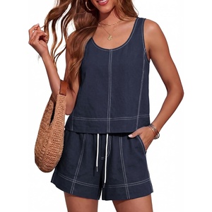 image:imageTanming Womens 2 Piece Outfits Contrast Stitching Matching Sets A Line Tank Tops High Waist Shorts with PocketsNavy