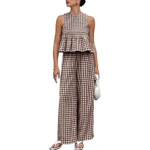 image:imageTanming Womens 2 Piece Set Outfits Gingham Plaid Tank Tops Wide Leg Pants Matching Lounge SetsCoffee