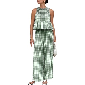 image:imageTanming Womens 2 Piece Set Outfits Gingham Plaid Tank Tops Wide Leg Pants Matching Lounge SetsDark Green
