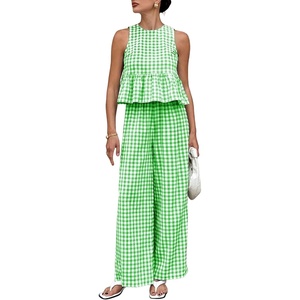 image:imageTanming Womens 2 Piece Set Outfits Gingham Plaid Tank Tops Wide Leg Pants Matching Lounge SetsGreen
