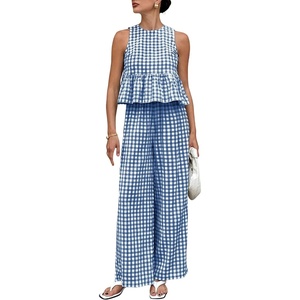 image:imageTanming Womens 2 Piece Set Outfits Gingham Plaid Tank Tops Wide Leg Pants Matching Lounge SetsNavy