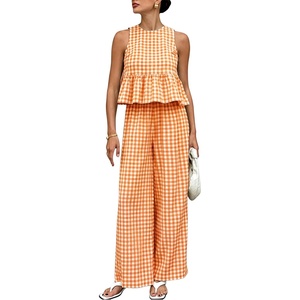 image:imageTanming Womens 2 Piece Set Outfits Gingham Plaid Tank Tops Wide Leg Pants Matching Lounge SetsOrange