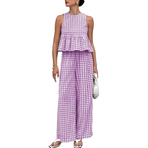 image:imageTanming Womens 2 Piece Set Outfits Gingham Plaid Tank Tops Wide Leg Pants Matching Lounge SetsPurple