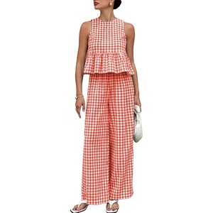 image:imageTanming Womens 2 Piece Set Outfits Gingham Plaid Tank Tops Wide Leg Pants Matching Lounge SetsRed