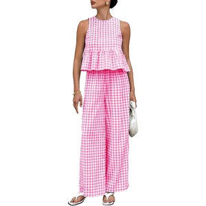 image:imageTanming Womens 2 Piece Set Outfits Gingham Plaid Tank Tops Wide Leg Pants Matching Lounge SetsRose Red
