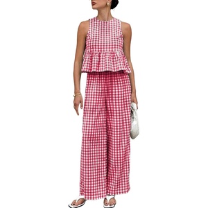 image:imageTanming Womens 2 Piece Set Outfits Gingham Plaid Tank Tops Wide Leg Pants Matching Lounge SetsWine Red