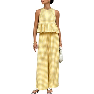 image:imageTanming Womens 2 Piece Set Outfits Gingham Plaid Tank Tops Wide Leg Pants Matching Lounge SetsYellow