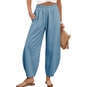image:imageTanming Womens Barrel Pants High Elastic Waisted Summer Capri Pants Loose Fit Casual Wide Leg TrousersLight Blue