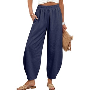 image:imageTanming Womens Barrel Pants High Elastic Waisted Summer Capri Pants Loose Fit Casual Wide Leg TrousersNavy