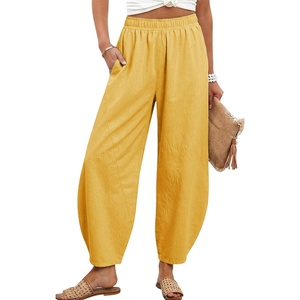 image:imageTanming Womens Barrel Pants High Elastic Waisted Summer Capri Pants Loose Fit Casual Wide Leg TrousersYellow