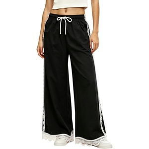 image:imageTanming Womens Elastic Waist Baggy Wide Leg Workout Track Pants  Adjustable Drawstring Lightweight Fabric Parachute Pants Ease of Movement Lace Trim Casual Workout DailywearBlack