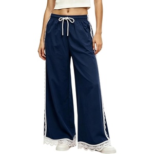 image:imageTanming Womens Elastic Waist Baggy Wide Leg Workout Track Pants  Adjustable Drawstring Lightweight Fabric Parachute Pants Ease of Movement Lace Trim Casual Workout DailywearNavy