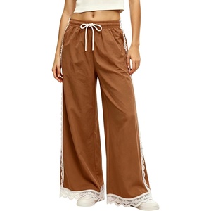 image:imageTanming Womens Elastic Waist Baggy Wide Leg Workout Track Pants  Adjustable Drawstring Lightweight Fabric Parachute Pants Ease of Movement Lace Trim Casual Workout DailywearBrown
