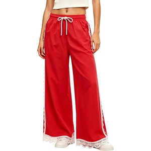 image:imageTanming Womens Elastic Waist Baggy Wide Leg Workout Track Pants  Adjustable Drawstring Lightweight Fabric Parachute Pants Ease of Movement Lace Trim Casual Workout DailywearRed