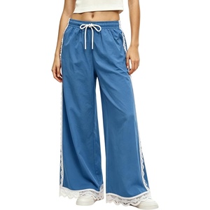 image:imageTanming Womens Elastic Waist Baggy Wide Leg Workout Track Pants  Adjustable Drawstring Lightweight Fabric Parachute Pants Ease of Movement Lace Trim Casual Workout DailywearBlue