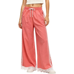 image:imageTanming Womens Elastic Waist Baggy Wide Leg Workout Track Pants  Adjustable Drawstring Lightweight Fabric Parachute Pants Ease of Movement Lace Trim Casual Workout DailywearPink