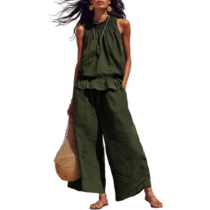 image:imageTanming Womens Linen 2 Piece Outfits Sleeveless Ruffle Top Wide Leg Pants Summer Loungewear Beach Travel SetsArmy Green